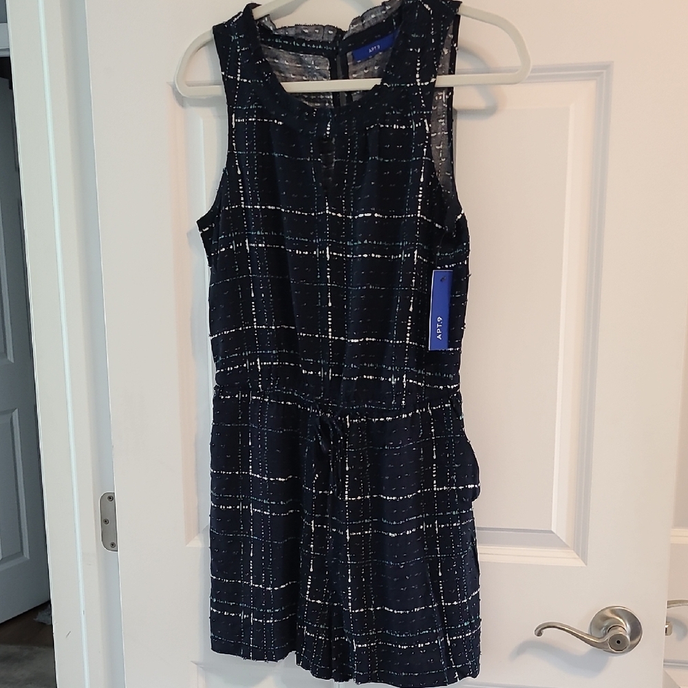 NWT Apt 9 Navy Plaid Sleeveless Tank Style Shorts Romper Blue Sz S
